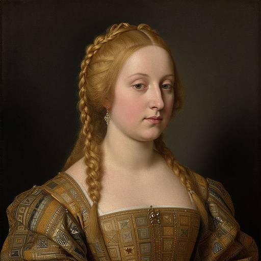 Renaissance portrait of a fair-skinned, red-haired woman with braided hair, wearing a patterned, square-neck gown, and diamond earrings