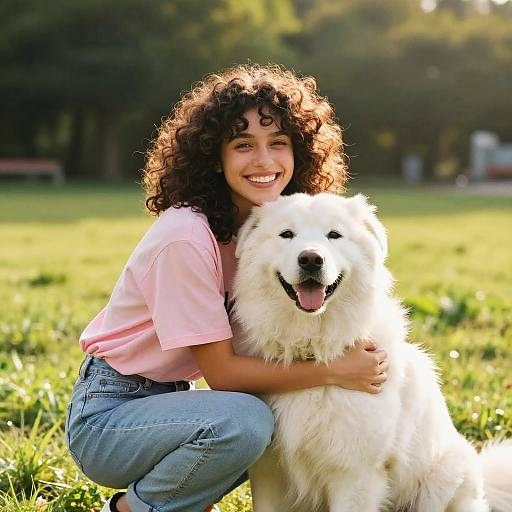 Young Woman Hugging Large White Dog Outdoors