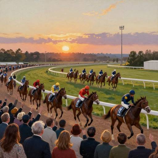Photograph of a horse race at sunset, featuring jockeys in colorful jerseys riding horses along a grassy track, with a crowd of spectators