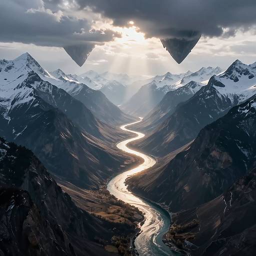 Photograph of a dramatic mountain landscape with a winding river, snow-capped peaks, dark valleys, and sunlight breaking through clouds.