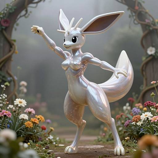 CGI image of a shiny, white, anthropomorphic, fox-like creature with large ears and black eyes, standing confidently in a colorful, floral garden