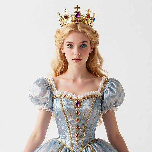 Digital illustration of a blonde princess with blue eyes, wearing a gold crown, light blue satin dress with puffed sleeves, and white lace trim, against
