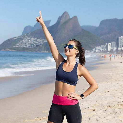 Photograph of a fit woman in a blue sports bra and black leggings with pink waistband, sunglasses, and wristband, pointing upward on a sunny