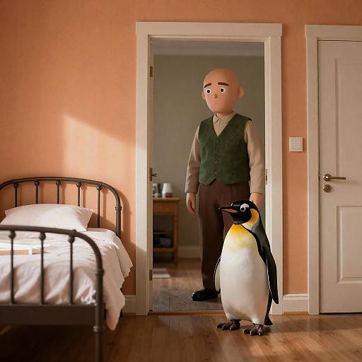 Character and Penguin in a Cozy Room
