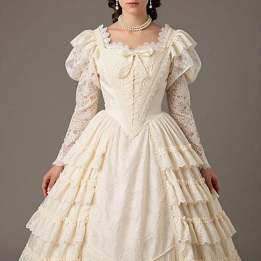 Photograph of a woman in a vintage-style, cream-colored, lace and layered satin wedding dress with puffed sleeves and pearl necklace.