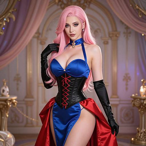 Digital art of a pink-haired woman in a blue satin dress with red corset, black gloves, and red cape, standing in a luxurious, orn