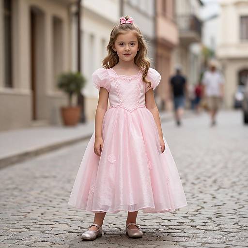 Photograph of a young girl with light brown hair in a pink bow, wearing a pink lace dress and shoes, standing on a cobblestone street