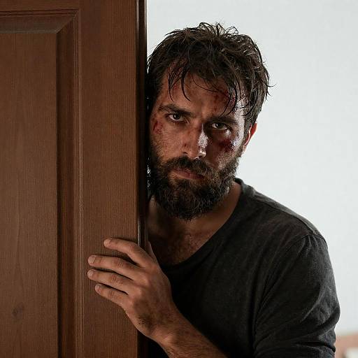 Bloodied Bearded Man Peering Behind Door