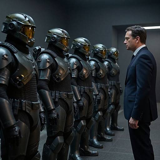Photograph of a serious-looking man in a black suit facing a line of six futuristic, black-armored soldiers with yellow visors in a dimly