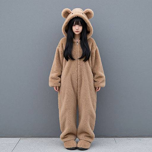 Photograph of an Asian woman with long black hair, wearing a tan, fluffy bear onesie with bear ears, standing against a gray wall.