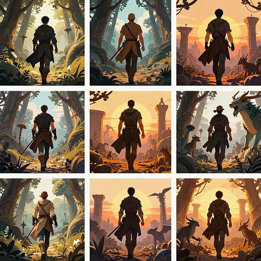 Digital art collage of a silhouetted adventurer in medieval attire walking through a vibrant, sunlit, fantasy forest with ruins and creatures.