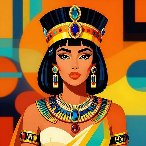 Digital art of an Egyptian woman with dark bob haircut, adorned with colorful jewels, gold crown, and elaborate necklace, against vibrant orange and blue geometric background