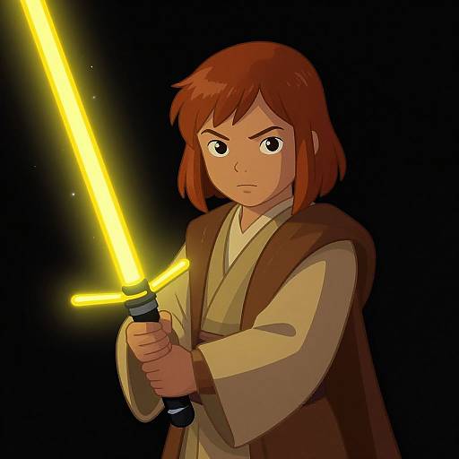 Digital illustration of a determined young Jedi with brown hair, holding a glowing yellow lightsaber, wearing a beige robe and brown cloak against a black background.