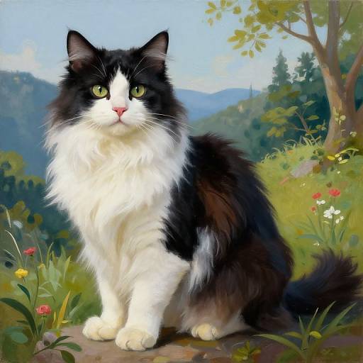 Digital painting of a fluffy black and white long-haired cat with green eyes, sitting in a vibrant, sunlit meadow with flowers and trees in the