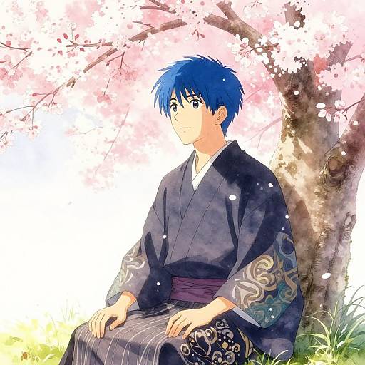 Anime-style digital drawing of a blue-haired boy in a black yukata with intricate patterns, sitting under cherry blossom trees.