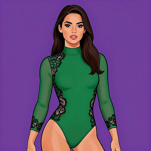 Digital illustration of a dark-haired woman with fair skin wearing a green, lace-trimmed, long-sleeve bodysuit against a purple background