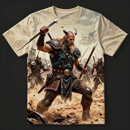 Digital illustration on white t-shirt: muscular, horned warrior with long beard, wielding sword, in battle with armored soldiers in dusty, chaotic background.