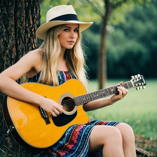Blonde Woman Playing Acoustic Guitar Outdoors