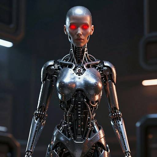 CGI image of a sleek, silver, humanoid robot with glowing red eyes, standing in a dark, industrial environment.
