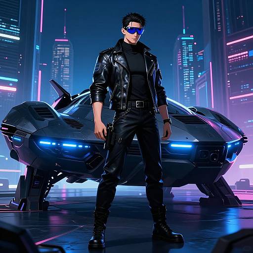 Digital illustration of a muscular man in a black leather jacket, black pants, and sunglasses, standing confidently in front of a glowing blue neon futuristic car in