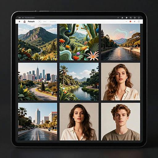 Photograph collage of nature scenes, cityscape, and portraits of a young woman with curly hair and a curly-haired man. Bright, vibrant colors;