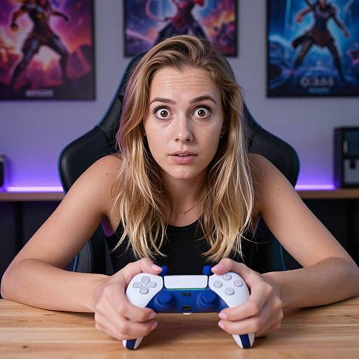 Photograph of a surprised blonde woman with wide eyes, holding a white and blue video game controller, in a gaming chair, with colorful video game posters