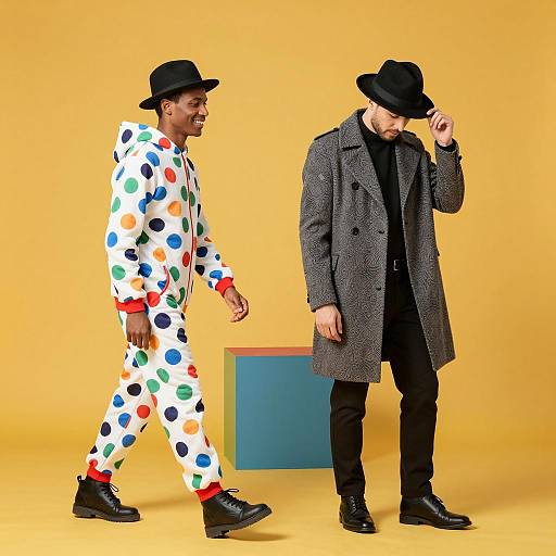 Two Men in Colorful Attire on Yellow