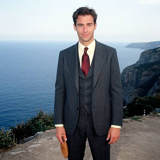 Photograph of a handsome man with short dark hair, wearing a dark gray three-piece suit, white shirt, and maroon tie, standing on a