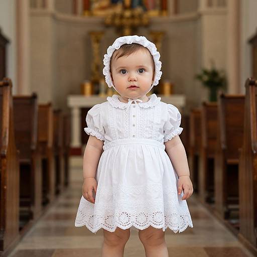 Photograph of a cute, fair-skinned baby girl with blue eyes, wearing a white lace dress and headband, standing in a blurred church aisle