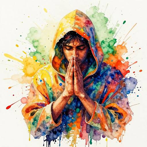 Vibrant Watercolor Hooded Contemplation