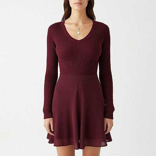 Photograph of a woman with long dark hair, wearing a ribbed, long-sleeve, deep burgundy V-neck top and matching A-line