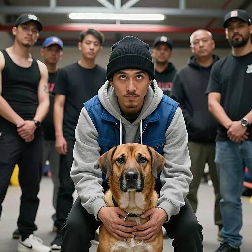 Urban Gathering with Dog in Focus