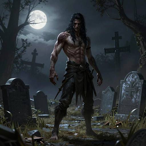 Undead Warrior in Moonlit Cemetery