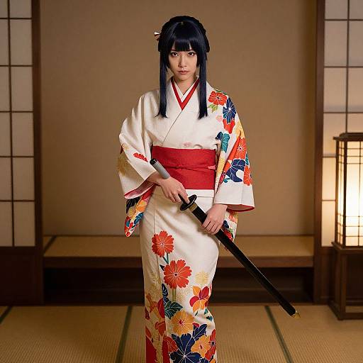 Photograph of a Japanese woman with black hair in a floral kimono, holding a black katana, standing in a traditional room.