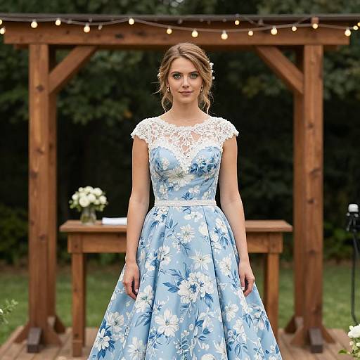 Photograph of a young woman with light brown hair in an elegant, light blue floral dress with white lace sleeves, standing in front of a wooden gaze