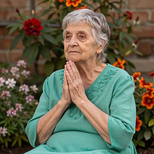 Photograph of an elderly woman with gray hair, wearing a teal embroidered blouse, hands clasped in prayer, surrounded by colorful flowers against a brick wall