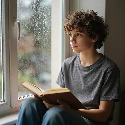 Curly-Haired Boy Reading by Rainy Window