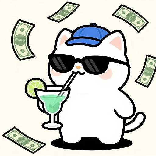 Cartoon white cat with blue cap, black sunglasses, and lemon drink, surrounded by flying money bills, sipping with a straw.