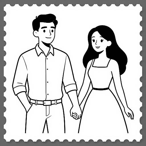 Black-and-white digital drawing of a smiling couple holding hands, man in button-up shirt and pants, woman in dress, simple cartoon style, bordered with