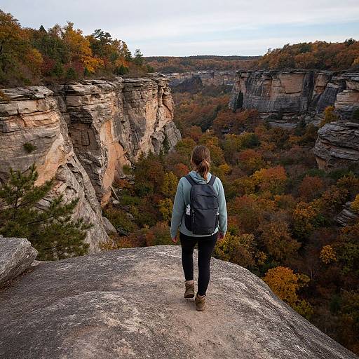 Photograph of a woman with brown hair in a ponytail, wearing a blue hoodie, black pants, and gray backpack, standing on a rocky cliff