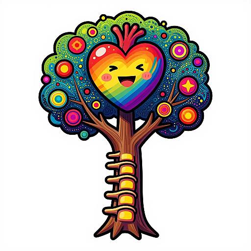Vibrant digital illustration of a whimsical tree with a rainbow heart for a face, colorful spherical fruits, and a ladder-like trunk.