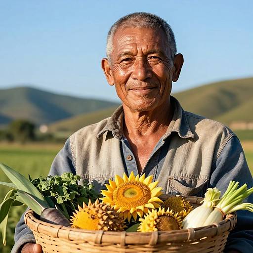 Photograph of an elderly man with short gray hair, smiling, holding a basket of sunflowers and vegetables, wearing a blue denim shirt, against a