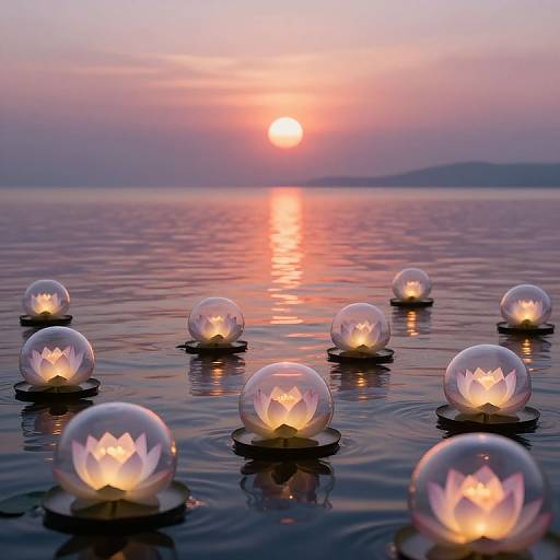 Photograph of glass spheres with glowing lotus flower designs floating on serene water at sunset, reflecting pink and orange hues.