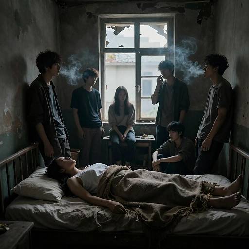 Grimy Room With Woman on Tattered Bed