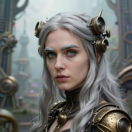 Digital art of a pale-skinned, silver-haired woman with steampunk headgear, metallic armor, and blue-gray eyes in a foggy,