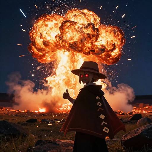 Photograph of a dark-hooded figure with glowing red eyes, thumbs-up, in front of a massive, fiery explosion under a night sky.