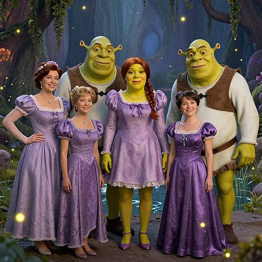 Photograph of five characters in purple, Victorian-style dresses in a magical forest; two green-skinned ogres and three women with fairy crowns.