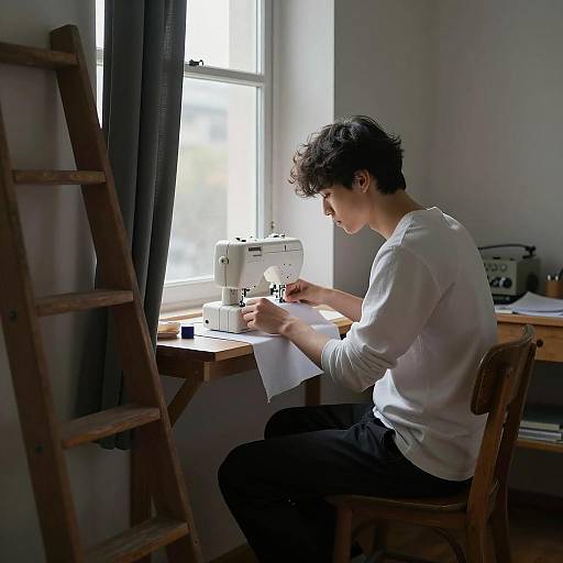 Young man sewing by window