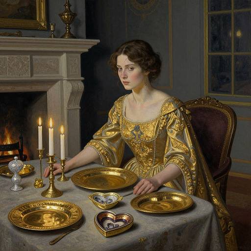 Photograph-style painting of a young woman in a gold embroidered dress, sitting by a candlelit table, elegant Victorian room.