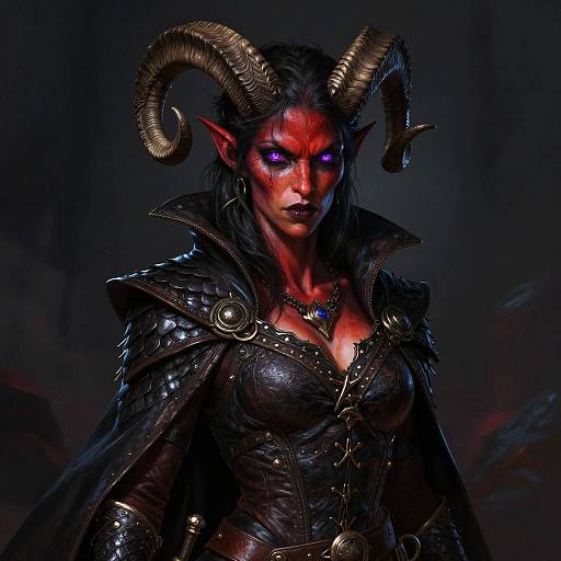 Digital artwork of a dark, demonic female with red skin, glowing purple eyes, large curved horns, black leather armor, and a high-collared
